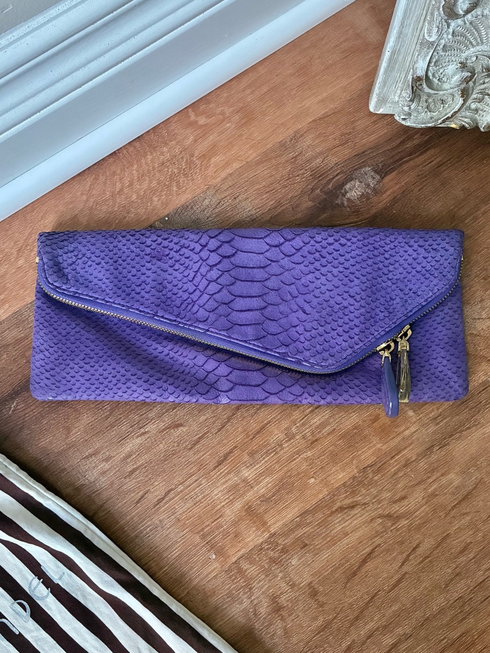 Henri Bendel Purple Croc Nubuck Leather Clutch And Dust Bag